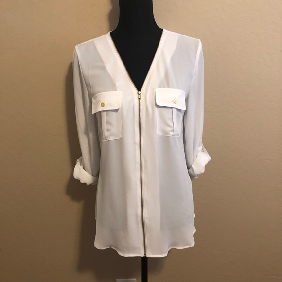 G by Guess Zip Front Dress Shirt with gold accents. Size: M - Picture 2 of 8